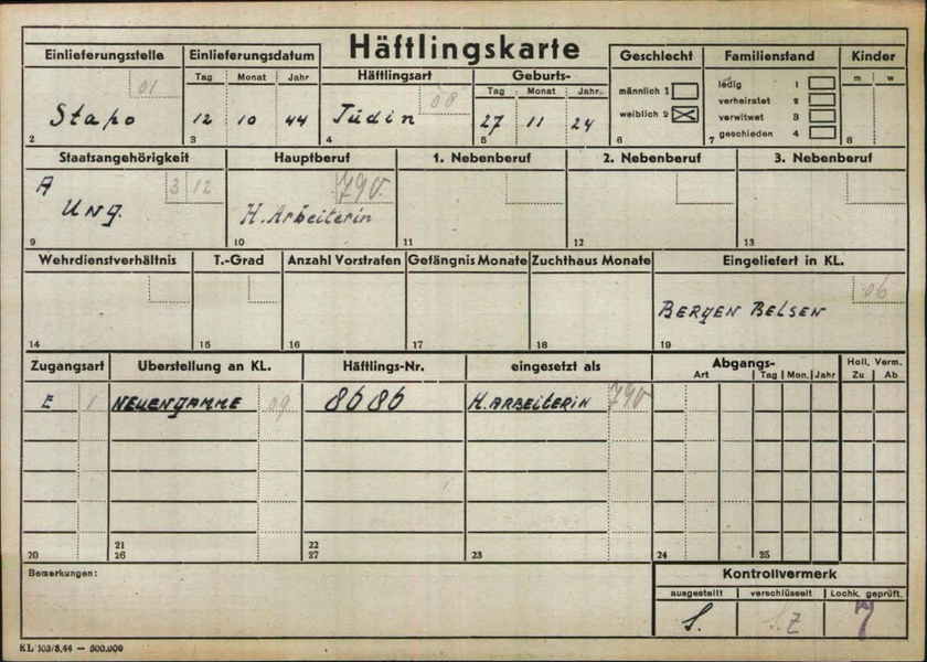 Hollerith-Vorkarte eines Häftlings mit Angaben zu Häftlingsart – in diesem Fall: Jude – Geburtsdatum, Einlieferungsdaten, Beruf und weiteren Angaben