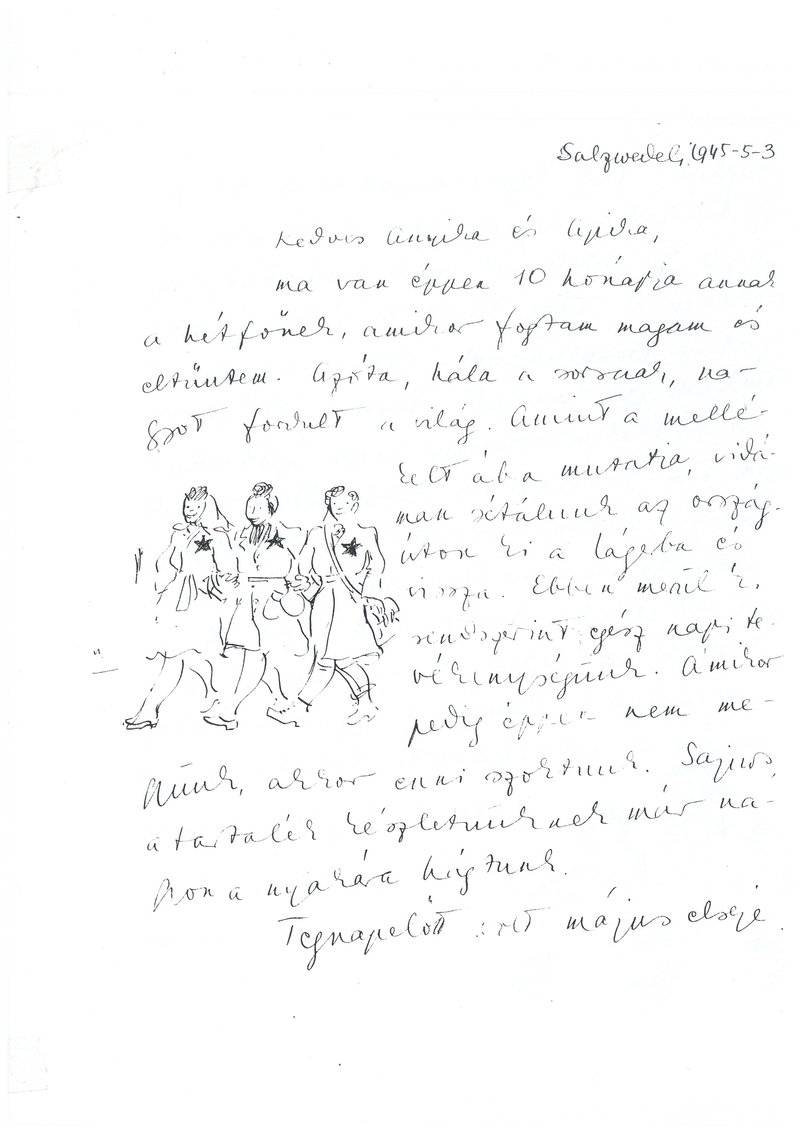 Brief von Ágnes Lukács an ihre Eltern in Budapest. Text und eine kleine Zeichnung, auf der drei Frauen dargestellt sind.